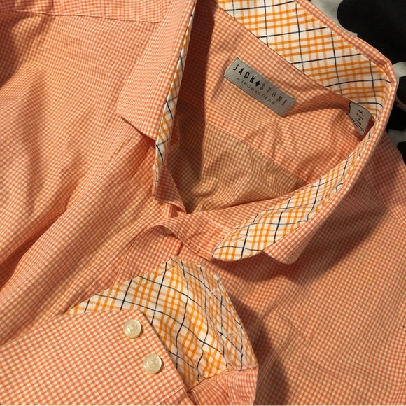 Jack Stone Thomas Dean Mens Sz 2XL Orange Check Flip Cuffs Button Up Dress Shirt